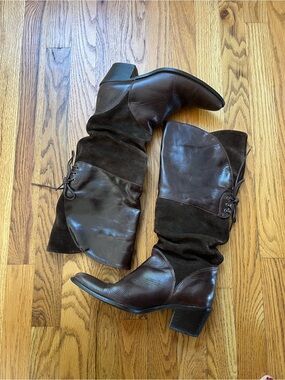 Y2K Felmini Brown Leather Suede Slouch Boots Lace Back Pointy Toe US 6.5 or 7